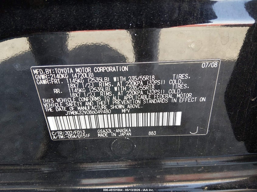 2008 Toyota Rav 4 VIN JTMBK32V086049480 IAAI salvage auction — UNKNOWN, Salvage - 75% Or Less (Maryland), sold $1,550 on 2026-07-20 (photo 9)