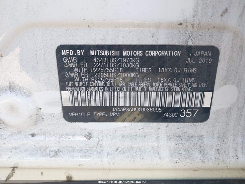 2019 Mitsubishi Outlander VIN JA4AP3AU5KU036095 IAAI salvage auction — FRONT END, Salvage Title, sold $2,500 on 2026-07-15 (photo 9)