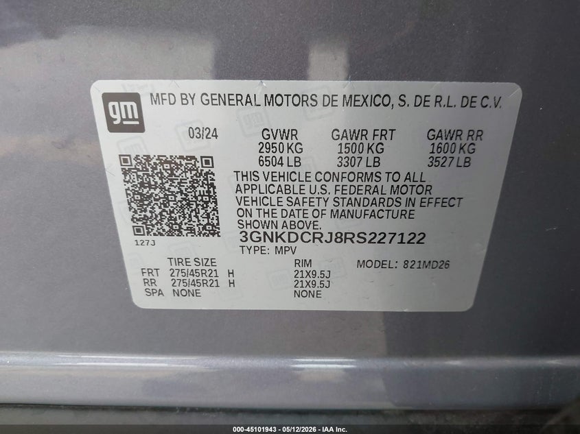 2024 Chevrolet Blazer ev VIN 3GNKDCRJ8RS227122 IAAI salvage auction — SIDE, Salvage (California), sold $12,500 on 2026-07-08 (photo 9)