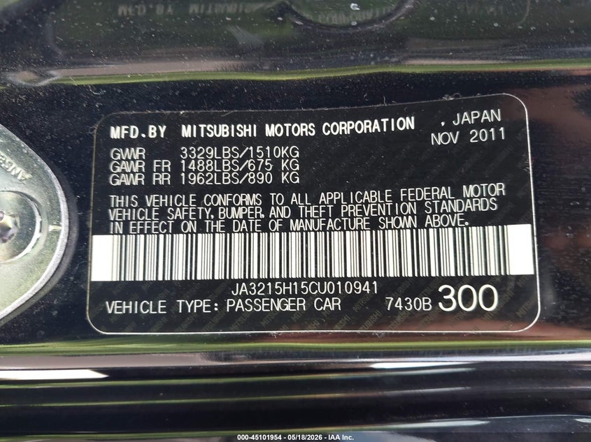 2012 Mitsubishi Miev VIN JA3215H15CU010941 IAAI salvage auction — NORMAL WEAR, Clear (Hawaii), sold $25 on 2026-07-21 (photo 8)