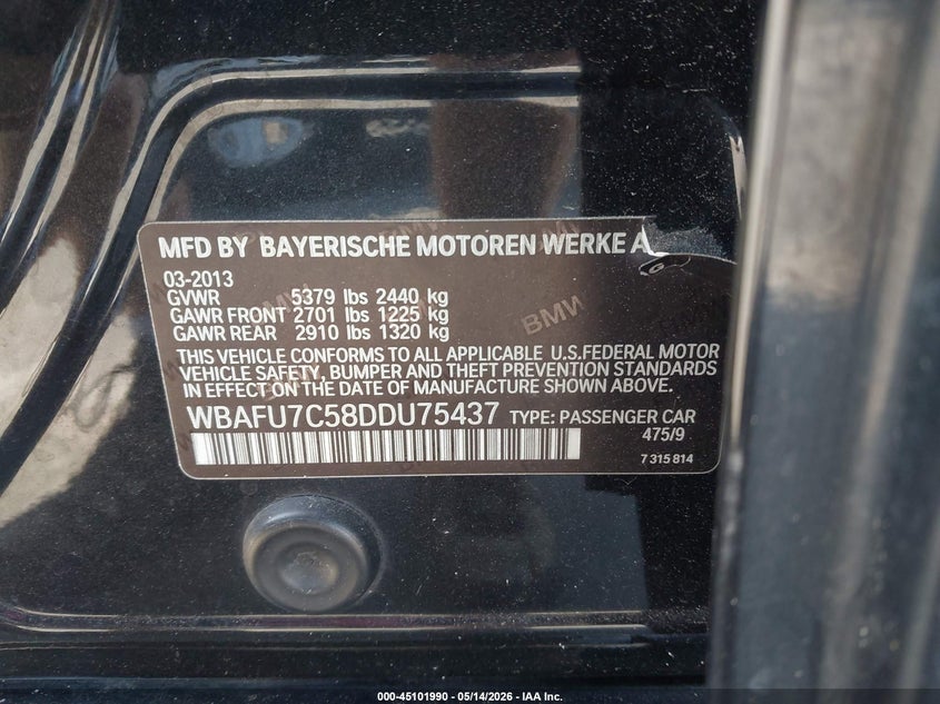 2013 BMW 5er VIN WBAFU7C58DDU75437 IAAI salvage auction — FRONT END, Salvage (North Carolina), sold $1,700 on 2026-07-29 (photo 9)