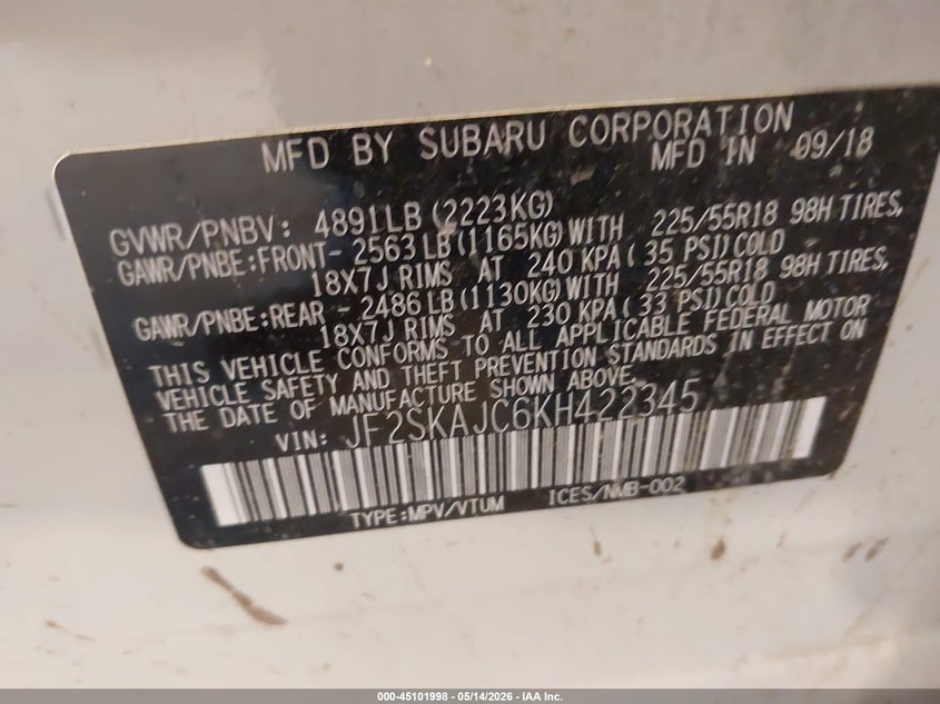 2019 Subaru Forester VIN JF2SKAJC6KH422345 IAAI salvage auction — RIGHT SIDE, Clear (Michigan), sold $2,975 on 2026-07-28 (photo 9)