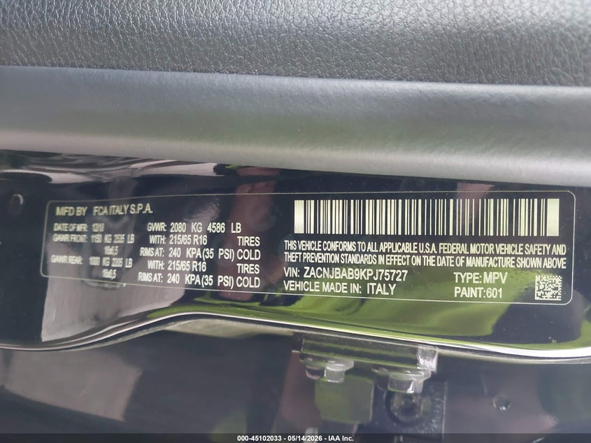 2019 Jeep Renegade VIN ZACNJBAB9KPJ75727 IAAI salvage auction — SIDE, Salvage (Pennsylvania), sold $750 on 2026-07-22 (photo 9)