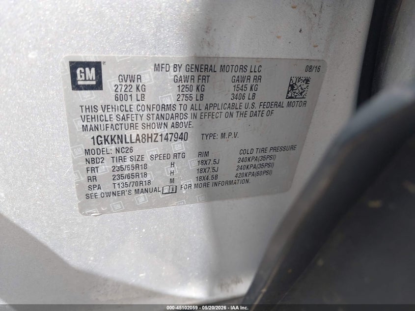 2017 Gmc Acadia VIN 1GKKNLLA8HZ147940 IAAI salvage auction — FRONT END, Clear (Michigan), sold $1,450 on 2026-07-20 (photo 9)