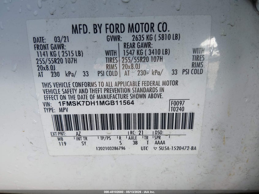 2021 Ford Explorer VIN 1FMSK7DH1MGB11564 IAAI salvage auction — REAR END, Salvage (South Carolina), sold $5,400 on 2026-07-10 (photo 9)