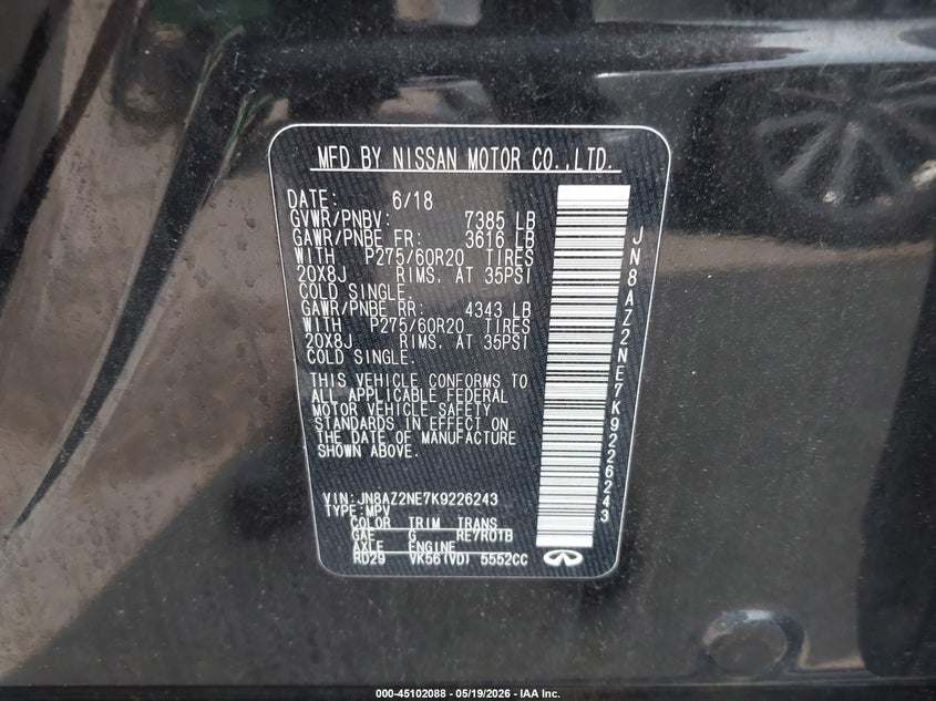 2019 Infiniti Qx80 VIN JN8AZ2NE7K9226243 IAAI salvage auction — HAIL, Salvage (Ohio), sold $7,250 on 2026-07-07 (photo 9)