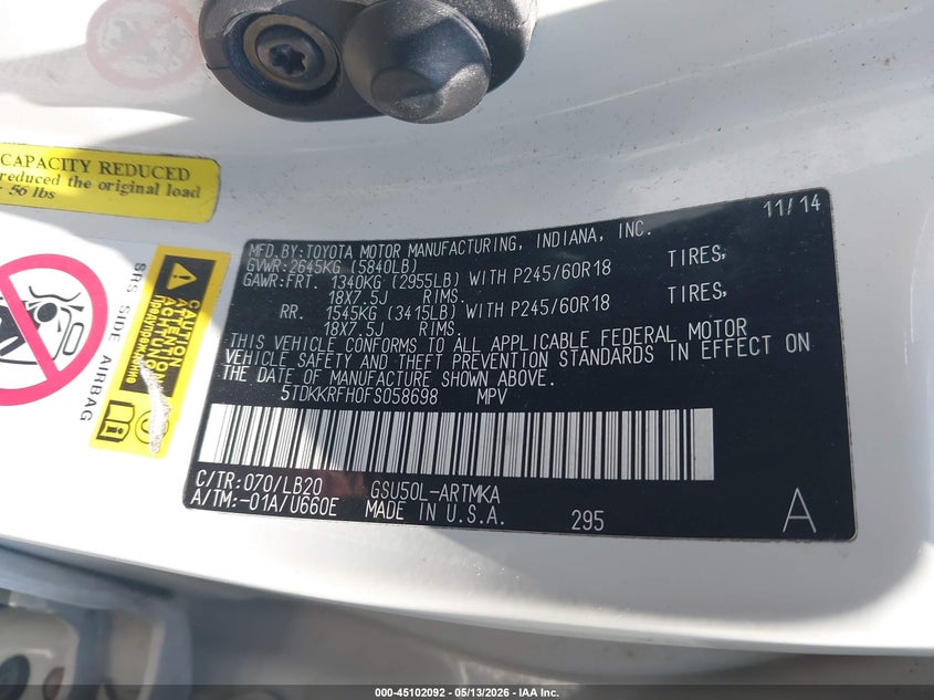2015 Toyota Highlander VIN 5TDKKRFH0FS058698 IAAI salvage auction — FRONT END, Salvage (Louisiana), sold $5,650 on 2026-07-20 (photo 9)