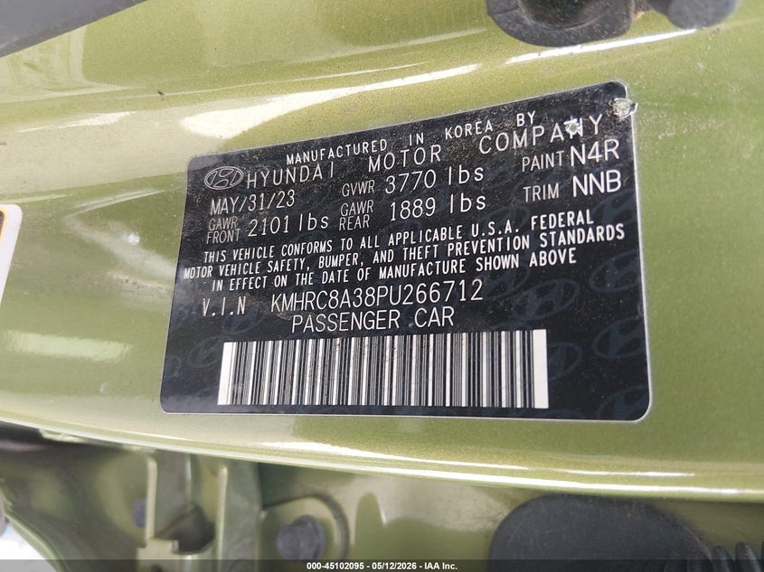 2023 Hyundai Venue VIN KMHRC8A38PU266712 IAAI salvage auction — FRONT END, Salvage Title, sold $1,950 on 2026-07-29 (photo 9)