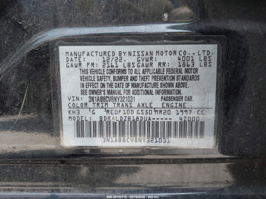 2022 Nissan Sentra VIN 3N1AB8CV8NY321031 IAAI salvage auction — LEFT FRONT, Salvage (California), sold $3,150 on 2026-07-09 (photo 9)