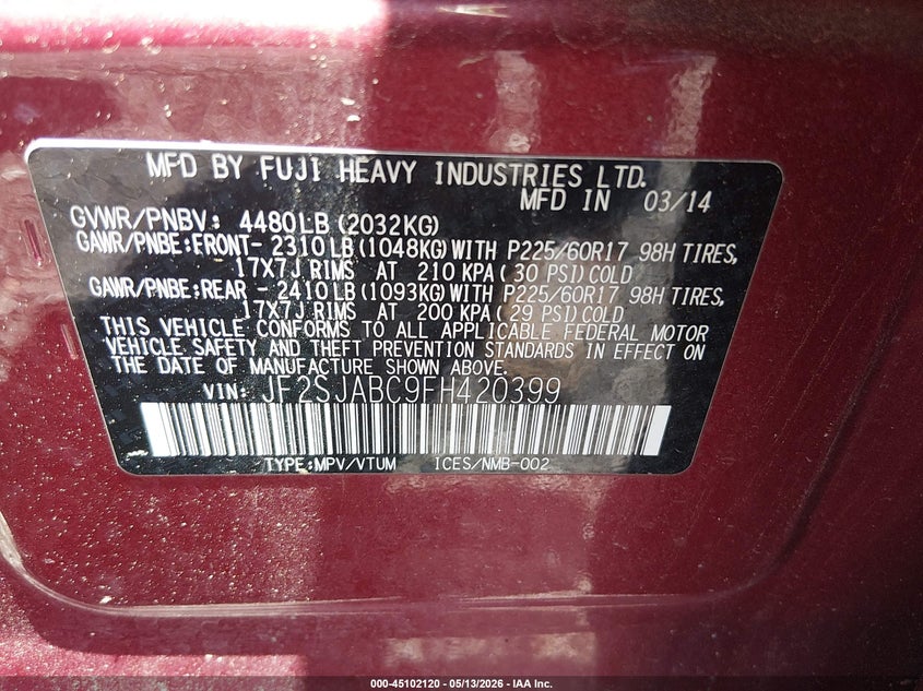 2015 Subaru Forester VIN JF2SJABC9FH420399 IAAI salvage auction — FRONT END, Salvage (South Carolina), sold $25 on 2026-07-21 (photo 9)