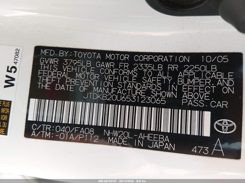 2005 Toyota Prius VIN JTDKB20U653123065 IAAI salvage auction — FRONT END, Salvage (California), sold $900 on 2026-07-30 (photo 9)