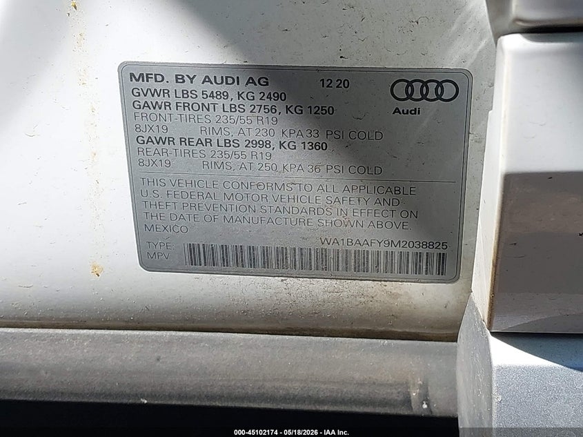 2021 Audi Q5 VIN WA1BAAFY9M2038825 IAAI salvage auction — FRONT END, Mv-907A (New York), sold $7,675 on 2026-07-14 (photo 9)