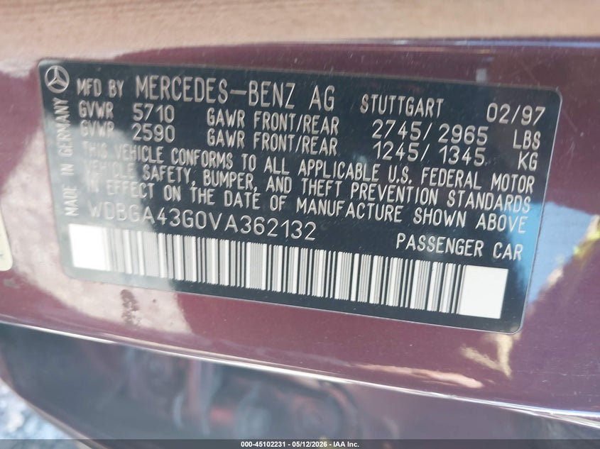 1997 Mercedes-benz S class VIN WDBGA43G0VA362132 IAAI salvage auction — RIGHT FRONT, Bill Of Sale (New York), sold $75 on 2026-07-21 (photo 9)
