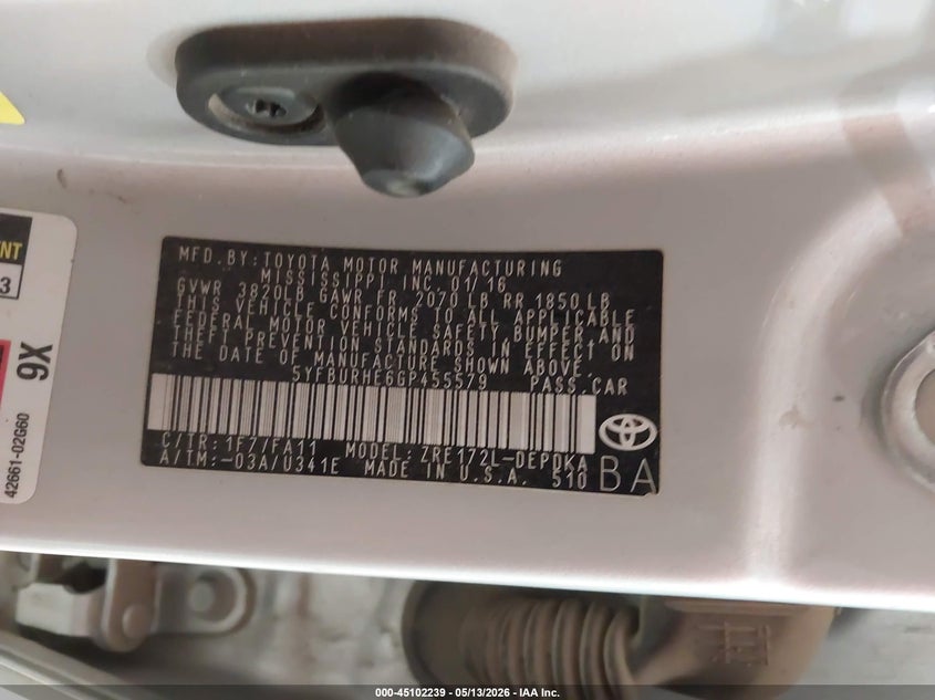 2016 Toyota Corolla VIN 5YFBURHE6GP455579 IAAI salvage auction — RIGHT FRONT, Salvage (North Dakota), sold $2,450 on 2026-07-09 (photo 9)