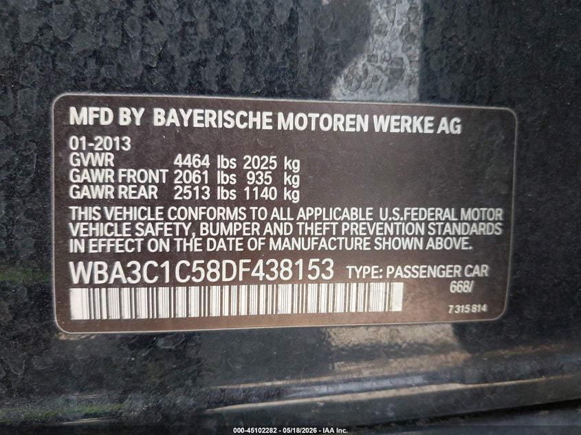 2013 BMW 3er VIN WBA3C1C58DF438153 IAAI salvage auction — HAIL, Clear (Missouri), sold $1,300 on 2026-08-03 (photo 9)