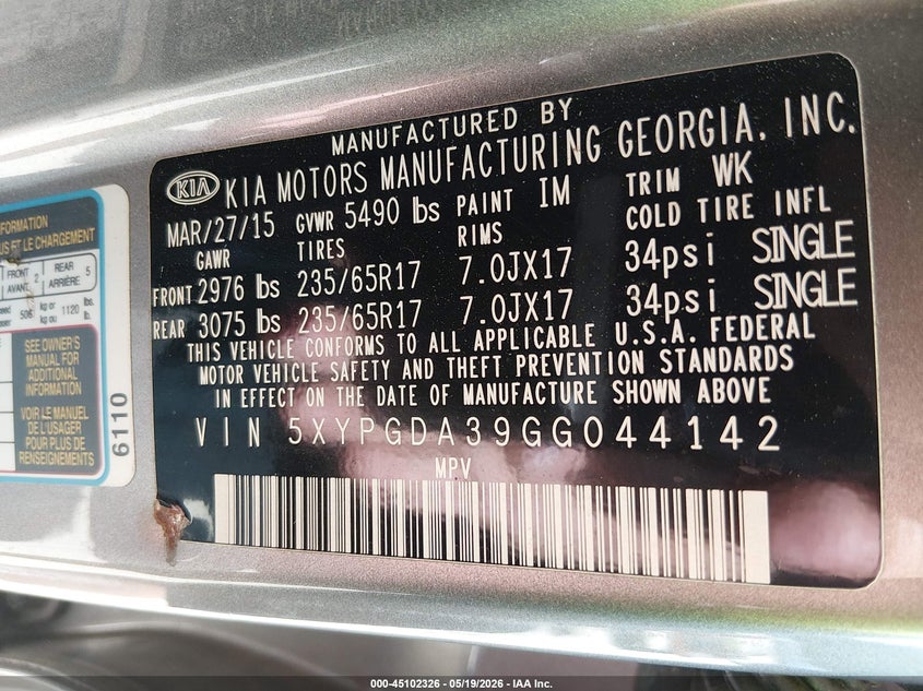 2016 Kia Sorento VIN 5XYPGDA39GG044142 IAAI salvage auction — FRONT END, Salvage (Georgia), sold $1,850 on 2026-07-09 (photo 9)