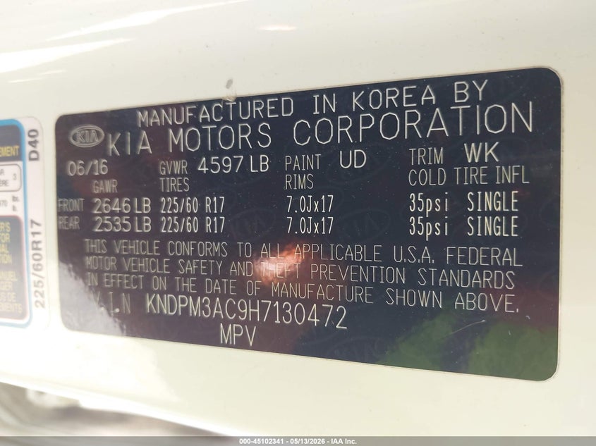 2017 Kia Sportage VIN KNDPM3AC9H7130472 IAAI salvage auction — FRONT END, Salvage (Louisiana), sold $675 on 2026-07-18 (photo 9)