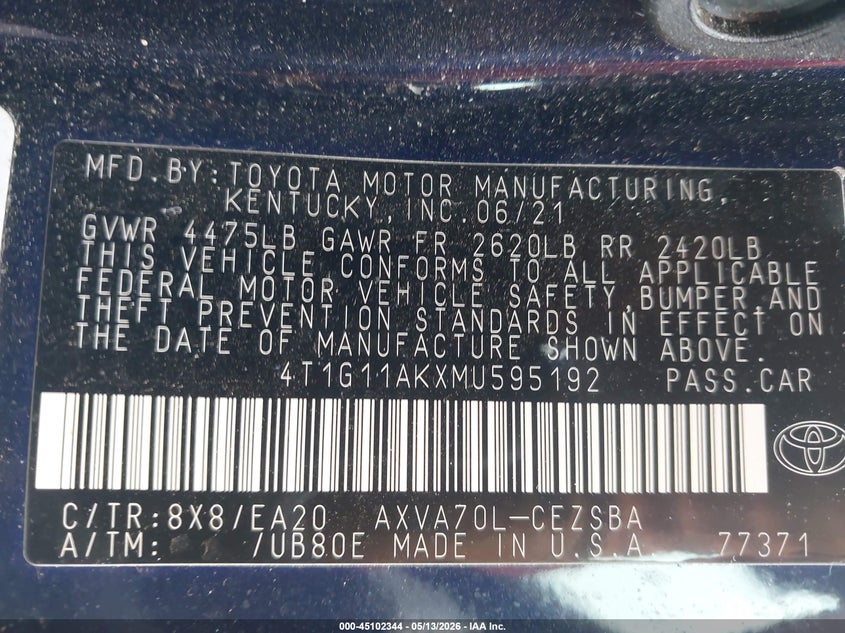 2021 Toyota Camry VIN 4T1G11AKXMU595192 IAAI salvage auction — FRONT END, Salvage Title, sold $3,550 on 2026-07-19 (photo 9)