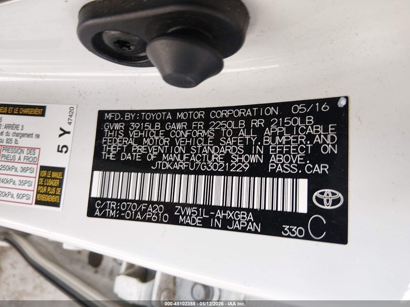 2016 Toyota Prius VIN JTDKARFU7G3021229 IAAI salvage auction — FRONT & REAR, Bill Of Sale (Washington), sold $1,950 on 2026-07-08 (photo 9)