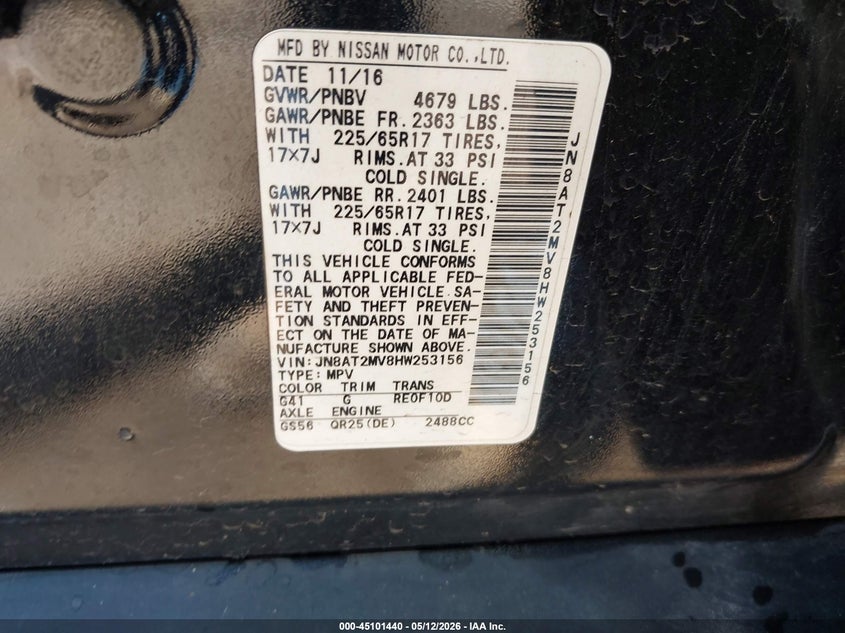 2017 Nissan Rogue VIN JN8AT2MV8HW253156 IAAI salvage auction — RIGHT SIDE, Salvage (Oklahoma), sold $2,050 on 2026-07-08 (photo 9)
