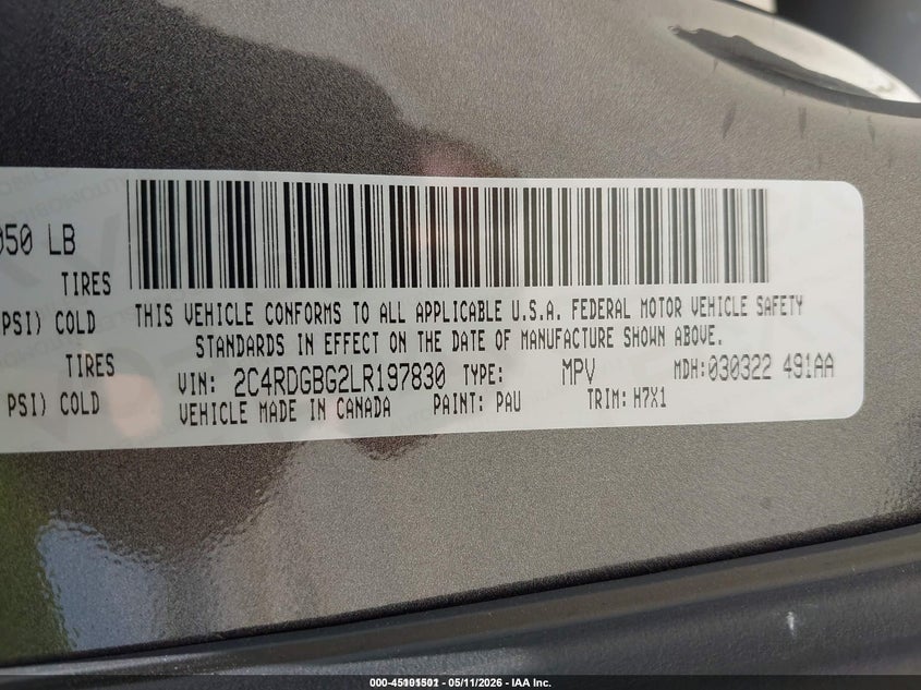 2020 Dodge Grand caravan VIN 2C4RDGBG2LR197830 IAAI salvage auction — NORMAL WEAR, Sf97 (Georgia), sold $10,250 on 2026-07-16 (photo 9)