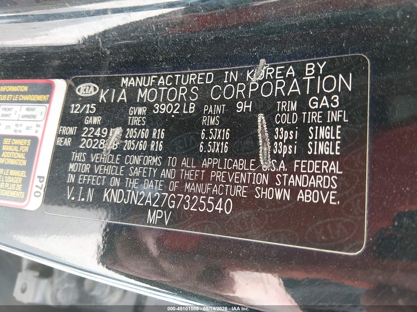 2016 Kia Soul VIN KNDJN2A27G7325540 IAAI salvage auction — FRONT & REAR, Salvage (Missouri), sold $1,100 on 2026-07-09 (photo 9)