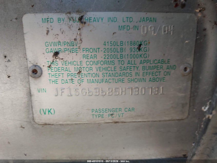 2005 Subaru Forester VIN JF1SG63685H730731 IAAI salvage auction — NORMAL WEAR, Clear - Dealer Only (California), sold $325 on 2026-07-15 (photo 9)