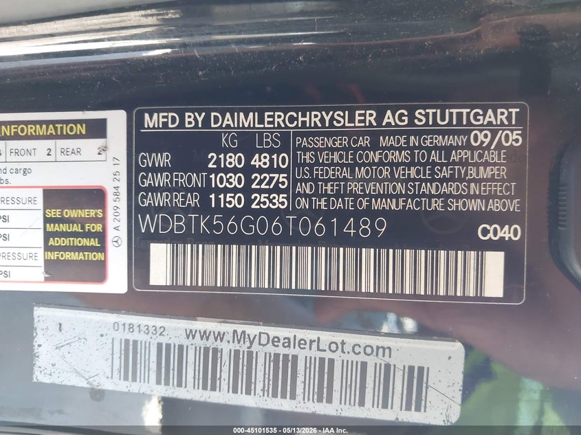 2006 Mercedes-benz Clk-class VIN WDBTK56G06T061489 IAAI salvage auction — FRONT & REAR, Salvage (Texas), sold $425 on 2026-07-14 (photo 9)