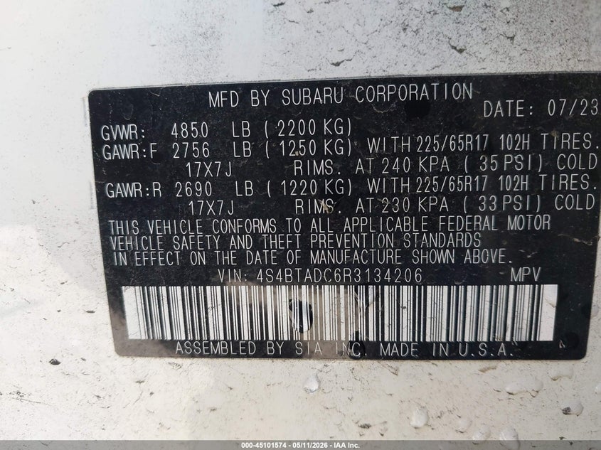 2024 Subaru Outback VIN 4S4BTADC6R3134206 IAAI salvage auction — REAR END, Clear - Dealer Only (California), sold $7,000 on 2026-07-29 (photo 9)