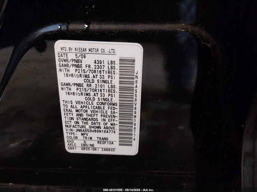 2009 Nissan Rogue VIN JN8AS58V69W184774 IAAI salvage auction — RIGHT FRONT, Salvage (Connecticut), sold $400 on 2026-07-30 (photo 9)