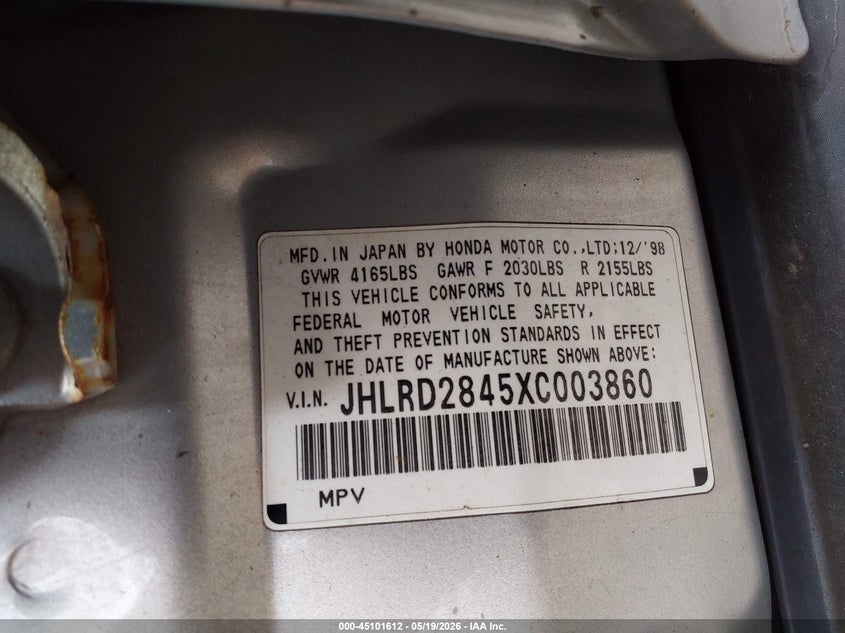 1999 Honda Cr-v VIN JHLRD2845XC003860 IAAI salvage auction — NORMAL WEAR, Clear (Illinois), sold $225 on 2026-07-22 (photo 9)