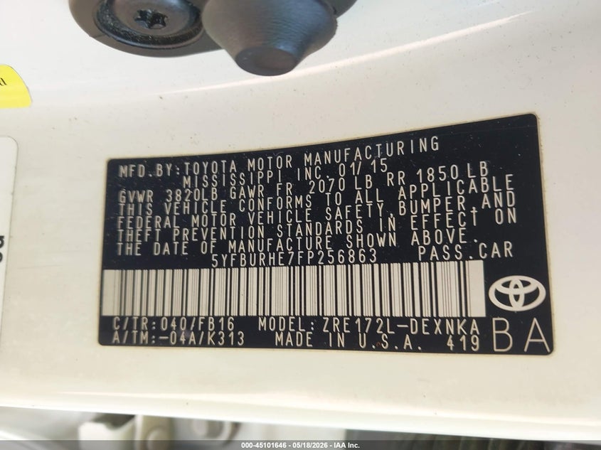 2015 Toyota Corolla VIN 5YFBURHE7FP256863 IAAI salvage auction — LEFT SIDE, Clear (Virginia), sold $2,200 on 2026-07-07 (photo 9)
