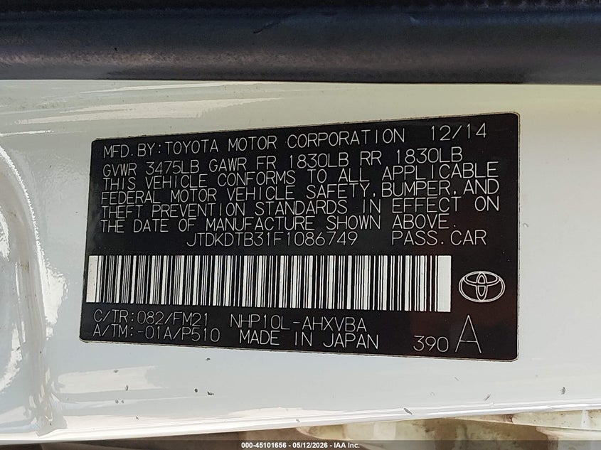 2015 Toyota Prius c VIN JTDKDTB31F1086749 IAAI salvage auction — HAIL, Clear (Oklahoma), sold $2,850 on 2026-07-14 (photo 9)