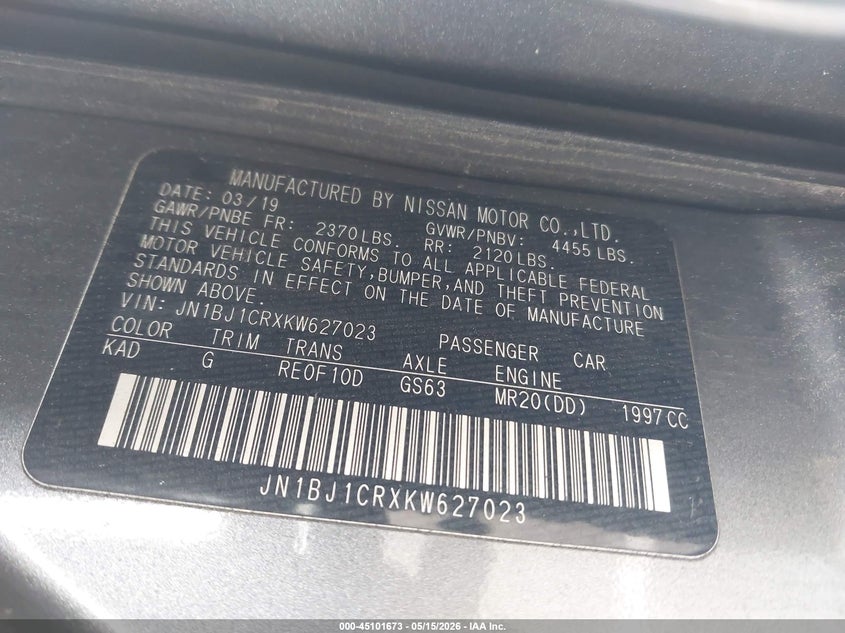 2019 Nissan Rogue VIN JN1BJ1CRXKW627023 IAAI salvage auction — REAR END, Salvage (Massachusetts), sold $2,300 on 2026-07-24 (photo 9)