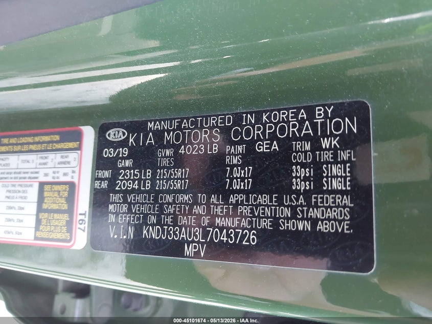 2020 Kia Soul VIN KNDJ33AU3L7043726 IAAI salvage auction — REAR END, Salvage (Idaho), sold $2,300 on 2026-07-07 (photo 9)