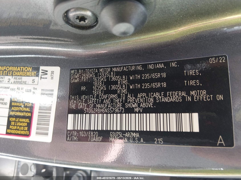 2022 Toyota Highlander VIN 5TDGZRBH6NS579673 IAAI salvage auction — FRONT END, Salvage (Kentucky), sold $6,600 on 2026-07-14 (photo 9)