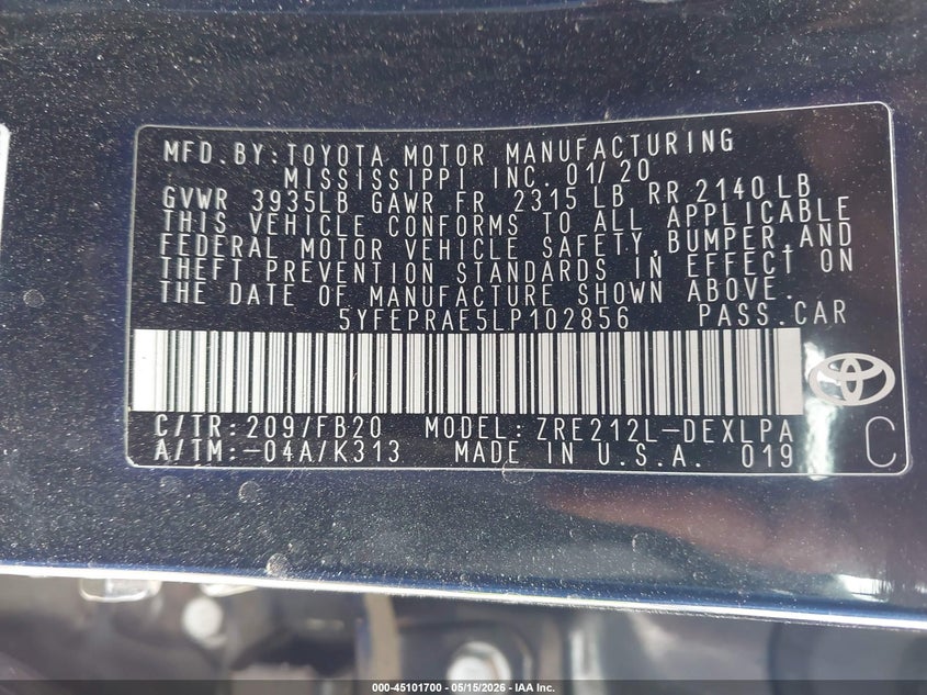 2020 Toyota Corolla VIN 5YFEPRAE5LP102856 IAAI salvage auction — FRONT END, Salvage (Texas), sold $1,025 on 2026-07-14 (photo 9)
