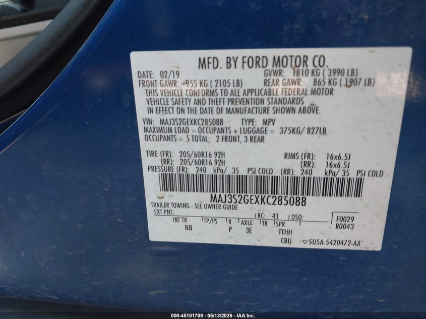 2019 Ford Ecosport VIN MAJ3S2GEXKC285088 IAAI salvage auction — SIDE, Salvage (Texas), sold $600 on 2026-07-14 (photo 9)