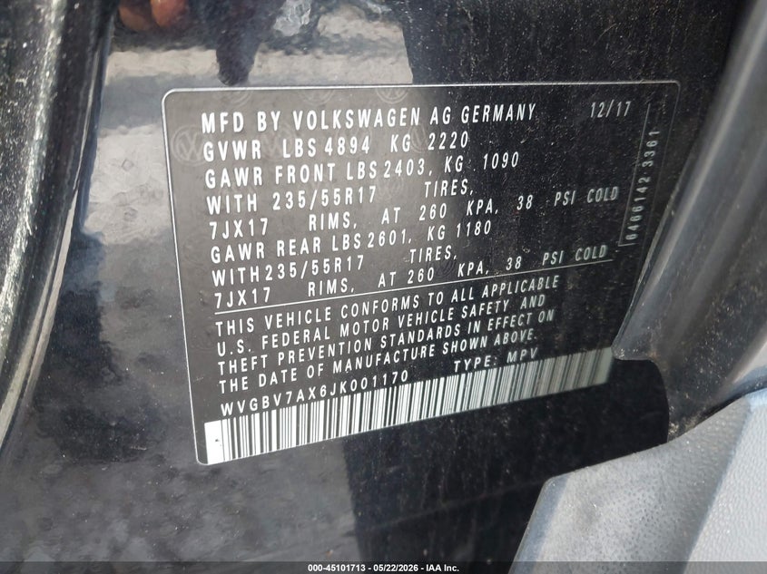 2018 Volkswagen Tiguan VIN WVGBV7AX6JK001170 IAAI salvage auction — LEFT SIDE, Salvage (Massachusetts), sold $2,100 on 2026-08-12 (photo 9)