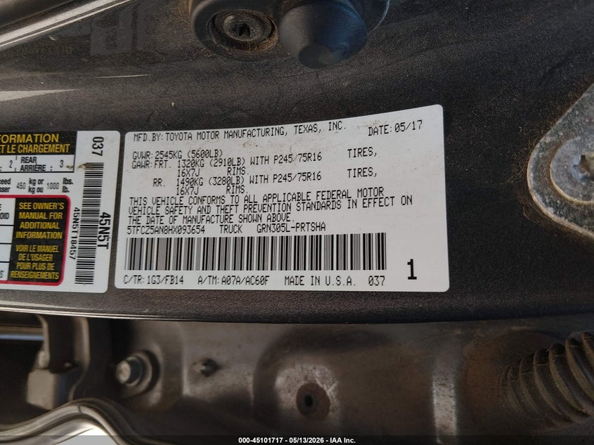 2017 Toyota Tacoma VIN 5TFCZ5AN8HX093654 IAAI salvage auction — FRONT END, Salvage (Texas), sold $8,800 on 2026-07-07 (photo 9)