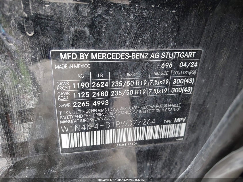 2024 Mercedes-benz Glb VIN W1N4M4HB1RW377264 IAAI salvage auction — FRONT END, Bill Of Sale (Washington), sold $7,500 on 2026-07-28 (photo 9)