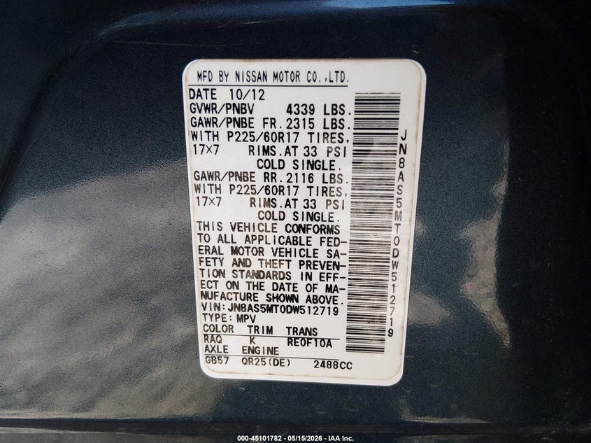 2013 Nissan Rogue VIN JN8AS5MT0DW512719 IAAI salvage auction — LEFT FRONT, Salvage (South Carolina), sold $275 on 2026-07-07 (photo 9)