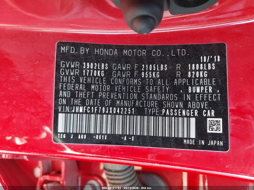 2018 Honda Civic VIN JHMFC1F79JX042251 IAAI salvage auction — FRONT END, Salvage (Missouri), sold $2,800 on 2026-08-01 (photo 9)
