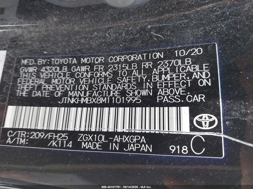 2021 Toyota C-hr VIN JTNKHMBX8M1101995 IAAI salvage auction — FRONT END, Salvage (Texas), sold $3,550 on 2026-07-14 (photo 9)