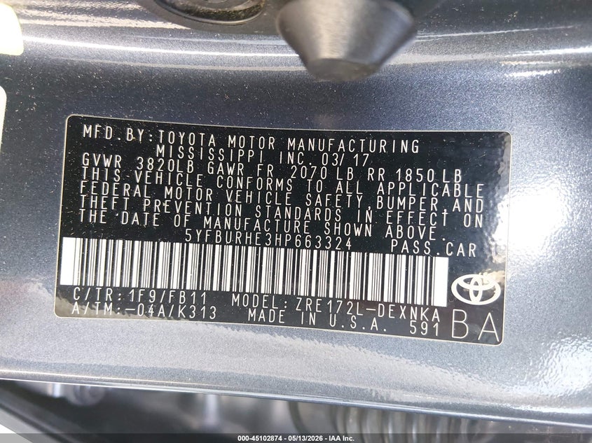 2017 Toyota Corolla VIN 5YFBURHE3HP663324 IAAI salvage auction — RIGHT SIDE, Salvage (Idaho), sold $1,100 on 2026-07-09 (photo 9)