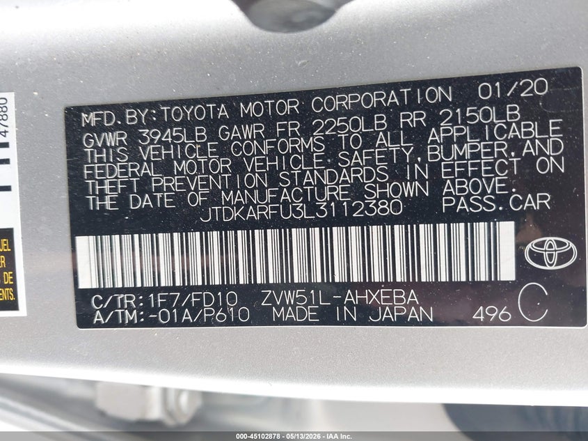 2020 Toyota Prius VIN JTDKARFU3L3112380 IAAI salvage auction — REAR END, Salvage (Arizona), sold $4,750 on 2026-07-28 (photo 9)