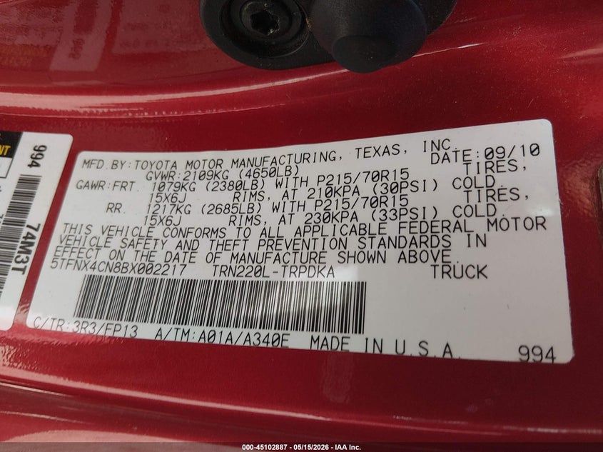 2011 Toyota Tacoma VIN 5TFNX4CN8BX002217 IAAI salvage auction — RIGHT SIDE, Salvage (Ohio), sold $3,200 on 2026-07-07 (photo 9)