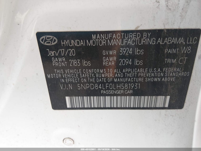 2020 Hyundai Elantra VIN 5NPD84LF0LH581931 IAAI salvage auction — FRONT END, Salvage (Ohio), sold $1,700 on 2026-07-12 (photo 9)