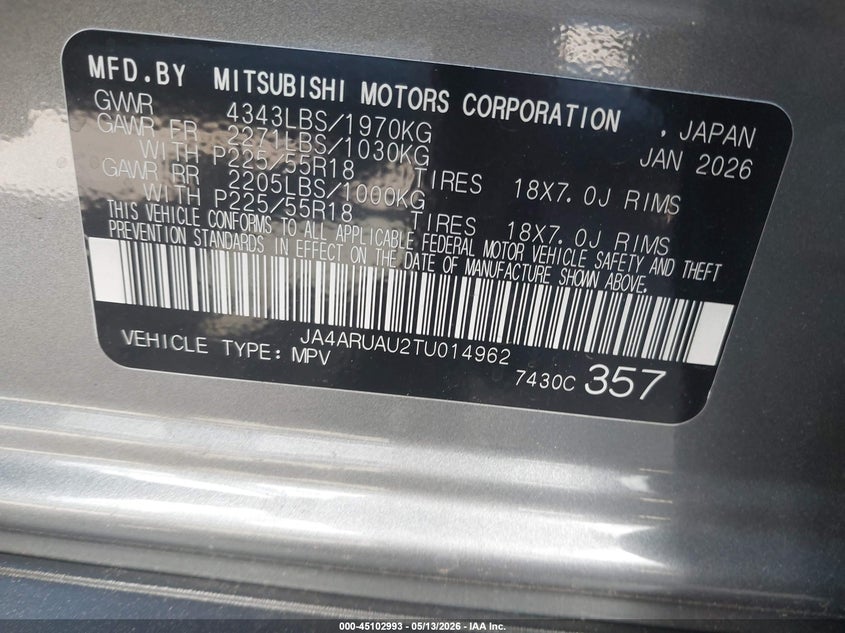 2026 Mitsubishi Outlander VIN JA4ARUAU2TU014962 IAAI salvage auction — FRONT END, Salvage (North Carolina), sold $4,200 on 2026-07-19 (photo 9)