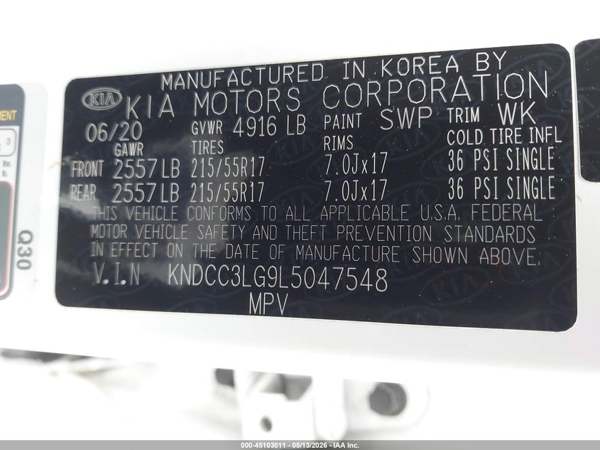 2020 Kia Niro VIN KNDCC3LG9L5047548 IAAI salvage auction — RIGHT FRONT, Salvage (California), sold $6,500 on 2026-07-27 (photo 9)